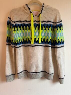 BRODIE 100% Cashmere Fair Isle Neon Accent Knit Washable Hoodie Sweater | Sz XS